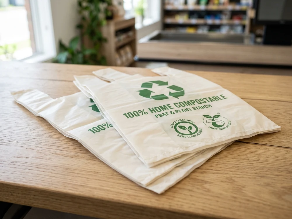 100% Home Compostable T-Shirt Bag - Factory Direct Certified Compostable Bio-Films Packaging Solution for Food & Beverage Flexible