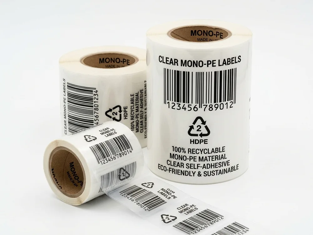 Mono-PE / Mono-PP Labels for Plastic Bags - Factory Direct Mono-Material Adhesive Labels Packaging Solution for Apparel, Fashion & Textile