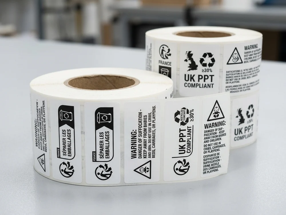 Recycling & Warning Symbol Sticker Labels - Factory Direct Mono-Material Adhesive Labels Packaging Solution for E-Commerce & Express Logistics